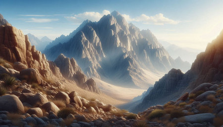 Mountain and valley landscape. 3D illustration.