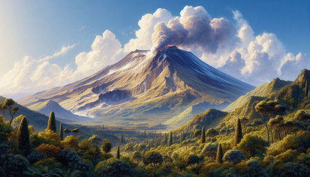 Volcanic eruption in a lush, green landscape, 3D rendering. Computer digital drawing.の写真素材