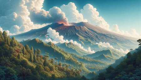 3D render of a beautiful mountain landscape with an active volcano in the background