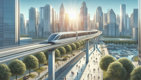 High-speed train in the city at sunset. 3d rendering