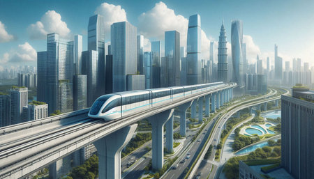 High-speed train running over the modern city. 3d rendering