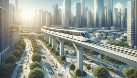 Modern high-speed train in the city. 3d rendering.