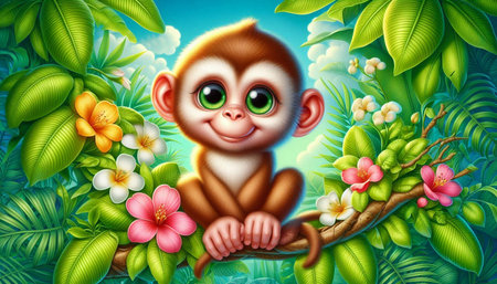 cute monkey in the jungle with flowers and leaves - illustration for children
