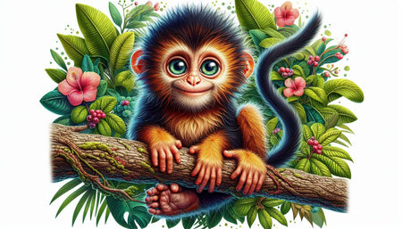 cute monkey sitting on a branch of a tree with flowers and leaves