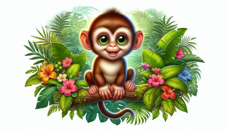 Illustration of a cute monkey sitting on a branch surrounded by tropical leaves