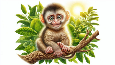 Cute monkey sitting on a branch with green leaves on white backgroundの写真素材