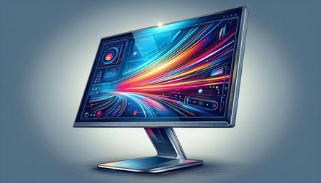 Computer monitor with abstract colorful lights on gray background. 3D rendering