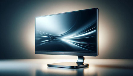 Modern computer monitor with abstract glowing lines on gray background. 3D Rendering
