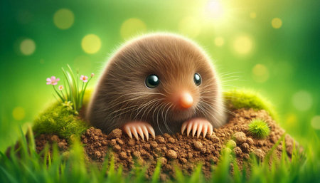 Funny little mole in the green grass. 3d illustration.