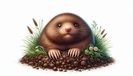 mole with grass and flowers isolated on white background 3d illustration