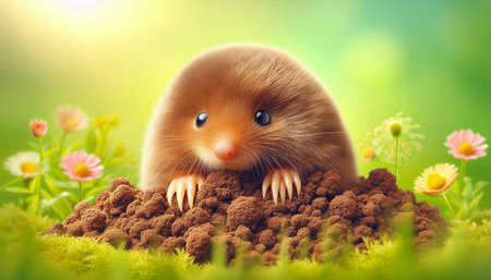 Cute little hamster in a pile of soil on a green background