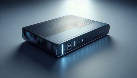 3D render of a wireless router on a dark background with spotlights