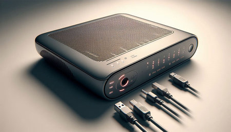 Digital illustration of a wifi router with connectors and cables in colour background