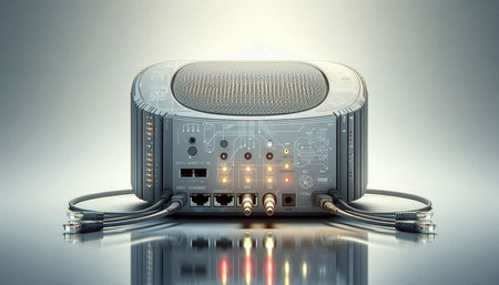 3d rendering of a radio receiver with headphones on a gray background