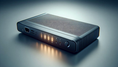 External hard drive on a gray background. 3d rendering. Computer digital image.