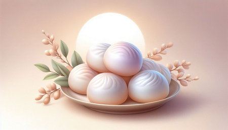 3D rendering of white and blue chinese bun on a plate