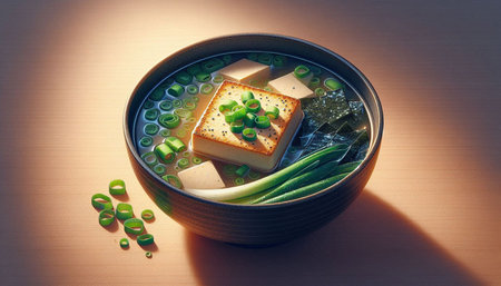 Japanese food, Miso soup with tofu and green onions in a bowlの写真素材