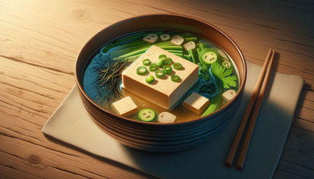 japanese miso soup with tofu and vegetables in bowl on wooden table
