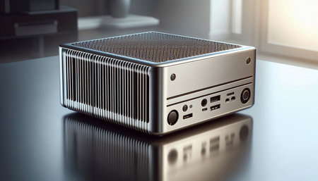 Digital composite of Close up of amplifier on table in room with sunlight