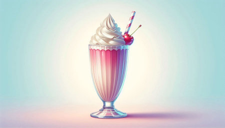 Delicious milkshake with whipped cream and cherry in a glass