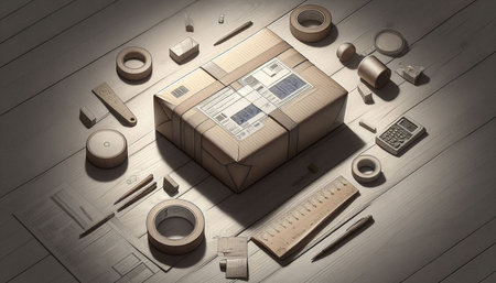 3D rendering of a cardboard box with various tools on a wooden floor