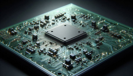Circuit board with microchips on a black background. Close up.