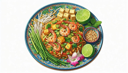 Thai spicy noodle with prawns, green bean and tofu
