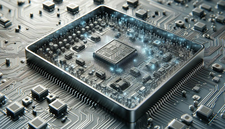 Close-up view of a modern GPU card circuit 3D rendering