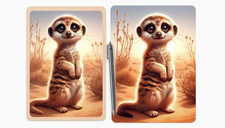 Two cute meerkats looking at the camera with a pen.の写真素材