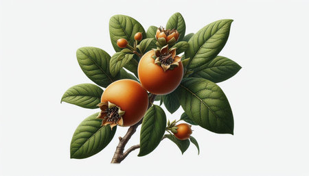 Persimmon tree with fruits and green leaves isolated on white background