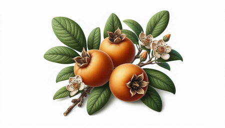 Ripe persimmon with leaves and flowers on a white background