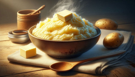Mashed potatoes in a bowl with butter and wooden spoon on a wooden tableの写真素材