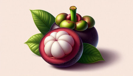 mangosteen fruit with green leaves on pastel background illustration