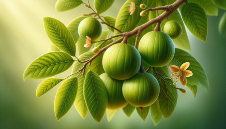 Green figs on tree with green leaves and yellow flower background.