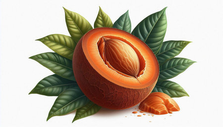 Illustration of a hazelnut with leaves on a white background