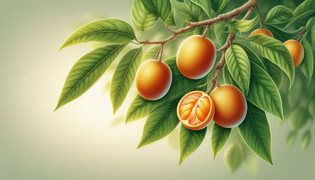 Orange fruit on the branch with leaves. Realistic vector illustration.