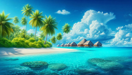 tropical beach at Maldives with few palm trees and blue lagoon