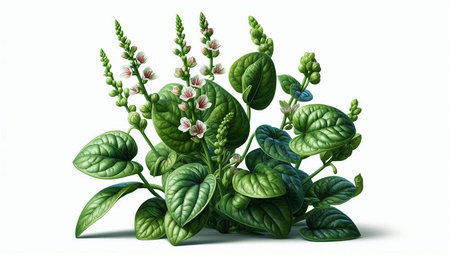 Illustration of a bunch of green leaves and flowers on a white background