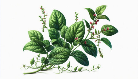 Illustration of green leaves with flowers on a white background, digital painting