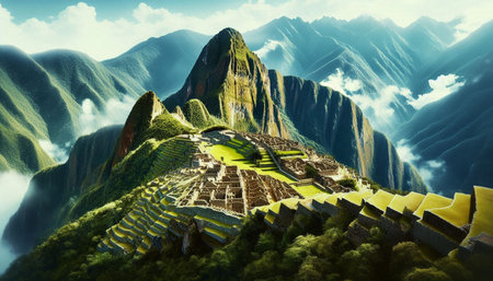 Machu Picchu in Peru - 3D Rendered Computer Artworkの写真素材