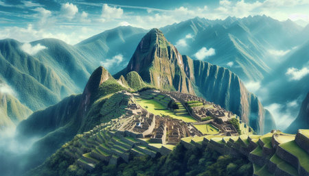 Machu Picchu Inca ruins in Peru. 3D renderingの写真素材