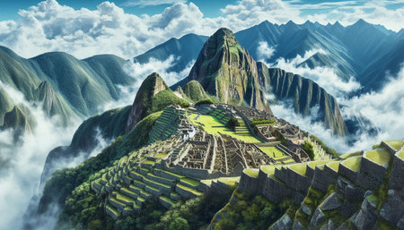 Machu Picchu, Peru. Panoramic view of Machu Picchu and the Inca ruins.の写真素材