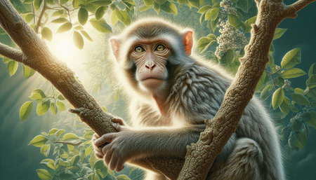 Portrait of a monkey on a tree branch with green leaves.