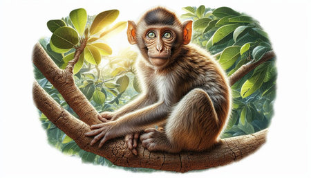 Monkey on the tree isolated on white background, 3d illustration