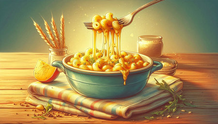 Bowl of gnocchi with cheese and honey on wooden table
