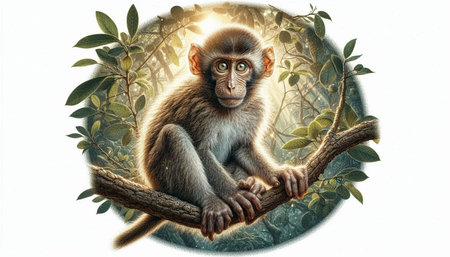 Monkey sitting on a branch in the forest. Illustration.