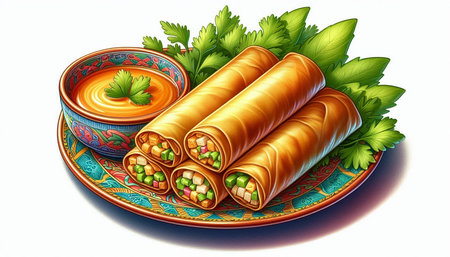 Illustration of a plate of spring rolls with tomato sauce and parsley