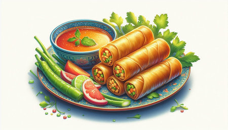 Vietnamese spring rolls with vegetables and sauce. Vector illustration.