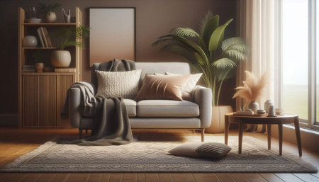 Interior of modern living room with sofa, coffee table and plants. 3d render