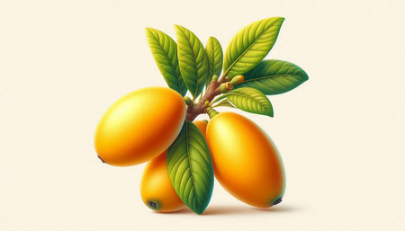 Loquat fruits on a branch with leaves. Vector illustration.